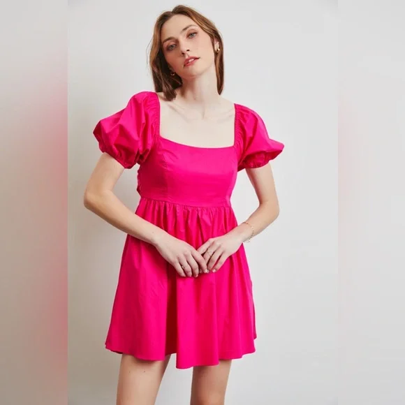 Puff Sleeve Baby Doll Dress with Bow Back and Pockets - Picture 7 of 7